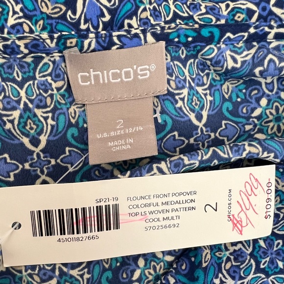 NWT Chico’s blue medallion print draped flounce front blouse size large - Picture 14 of 16